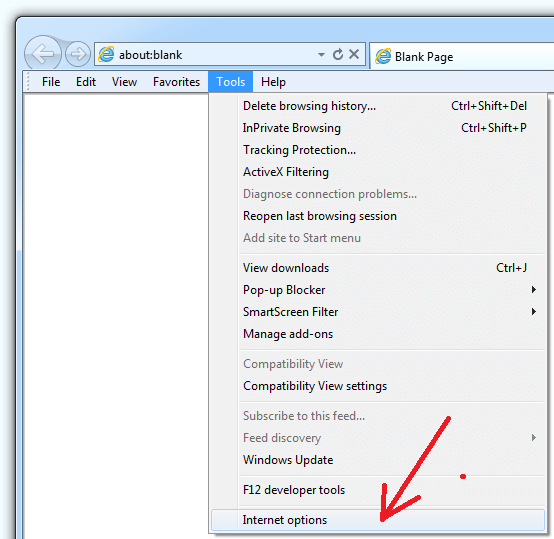 'Tools Internet Options' IE menu item